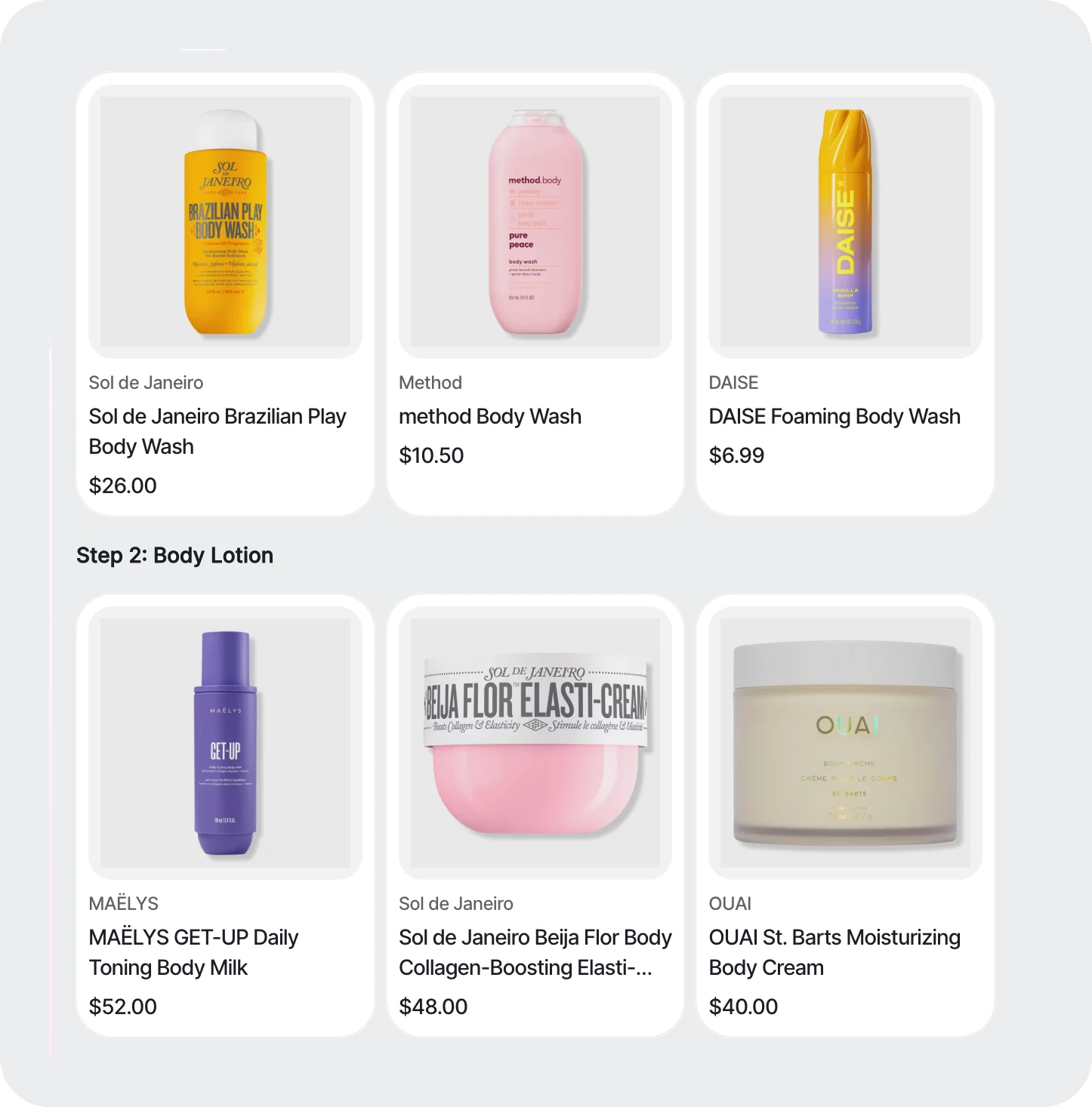 Personalized bodycare routine with product recommendations: body wash and body lotion steps with prices