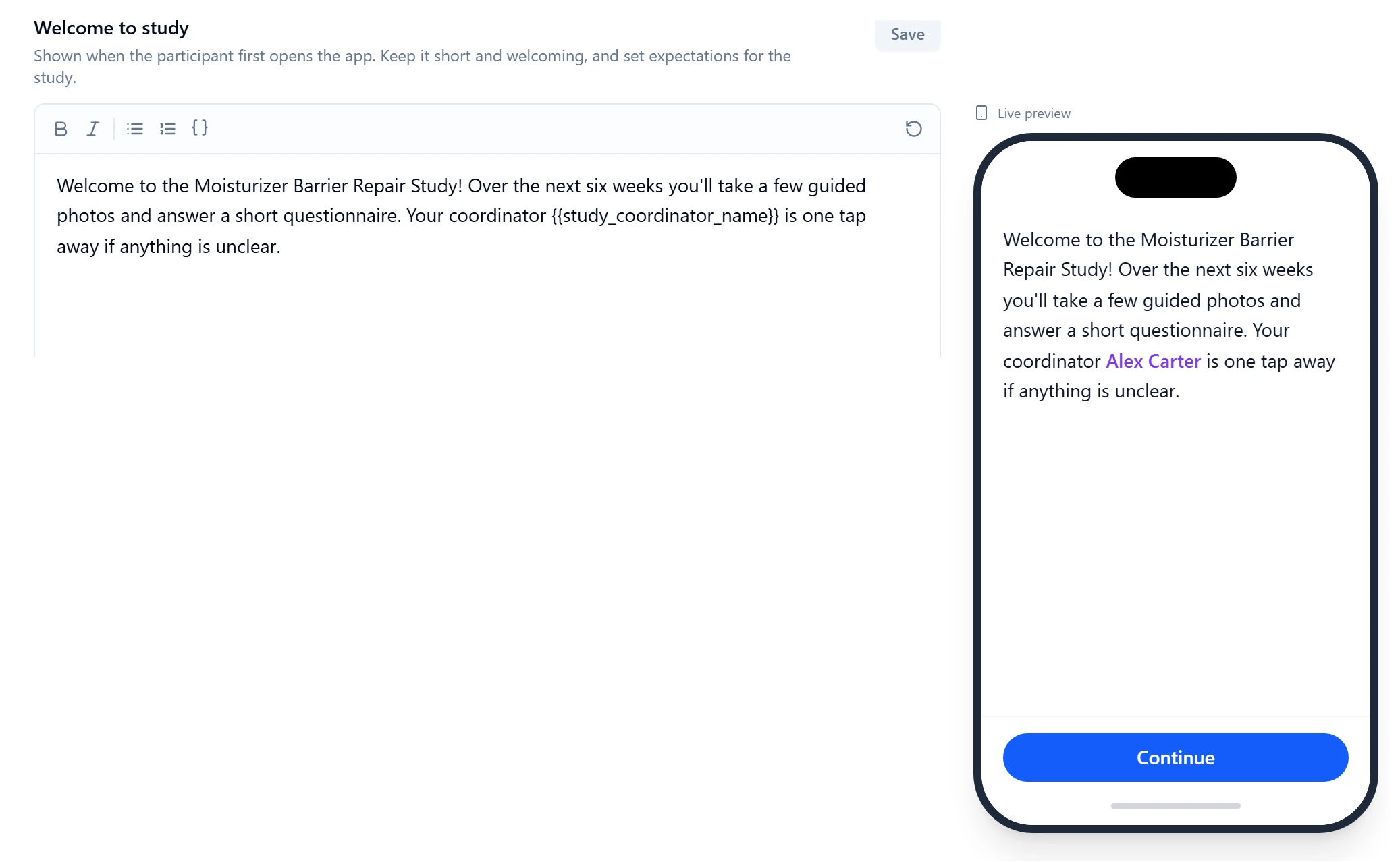 Communication Messages: the Welcome-to-study message editor on the left with a live phone preview of what the participant sees on the right